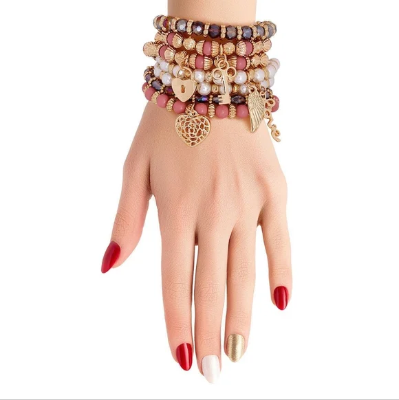 Bead And Pearl Stretch Charm Bracelet Heart Key Lock Love Angel Wing - Picture 2 of 7